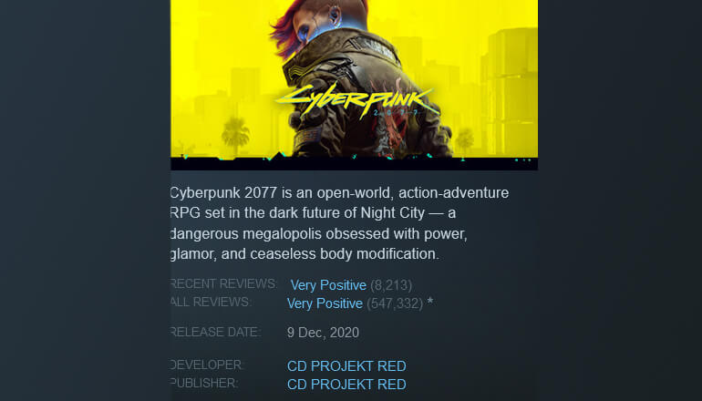 Грандиозный камбэк – у Cyberpunk 2077 теперь очень положительные оценки в Steam Грандиозный камбэк – у Cyberpunk 2077 теперь очень положительные оценки в Steam