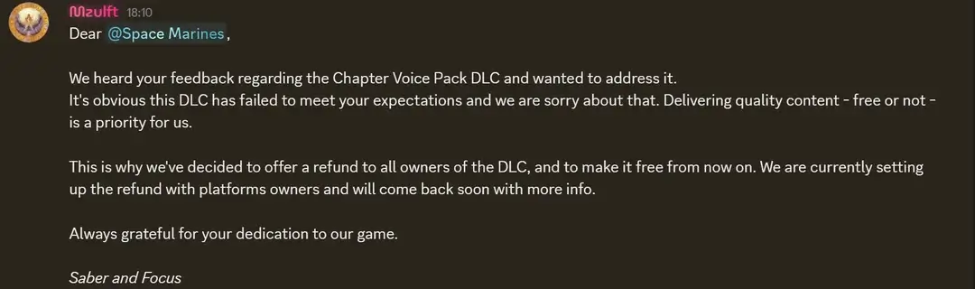 Игроки раскритиковали платный голосовой набор к Space Marine 2. В ответ разработчики вернули деньги и сделали набор бесплатным Игроки раскритиковали платный голосовой набор к Space Marine 2. В ответ разработчики вернули деньги и сделали набор бесплатным